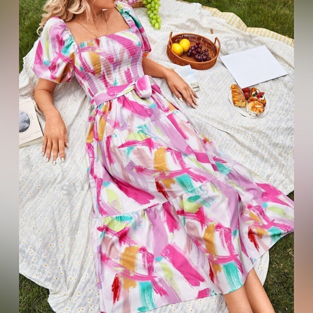 Brush Print Colorful Puff Sleeve Dress XS